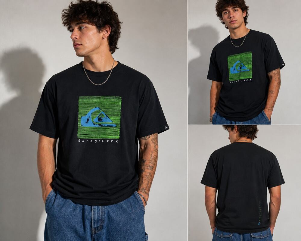 Quiksilver Black Graphic Logo T Shirt Men's Large Surf Skate Cotton Short Sleeve